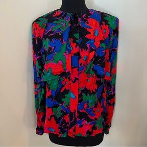 Flora Kung II Silk Floral Painter Blouse Bold 80s Vintage Sz 14 Maximalist